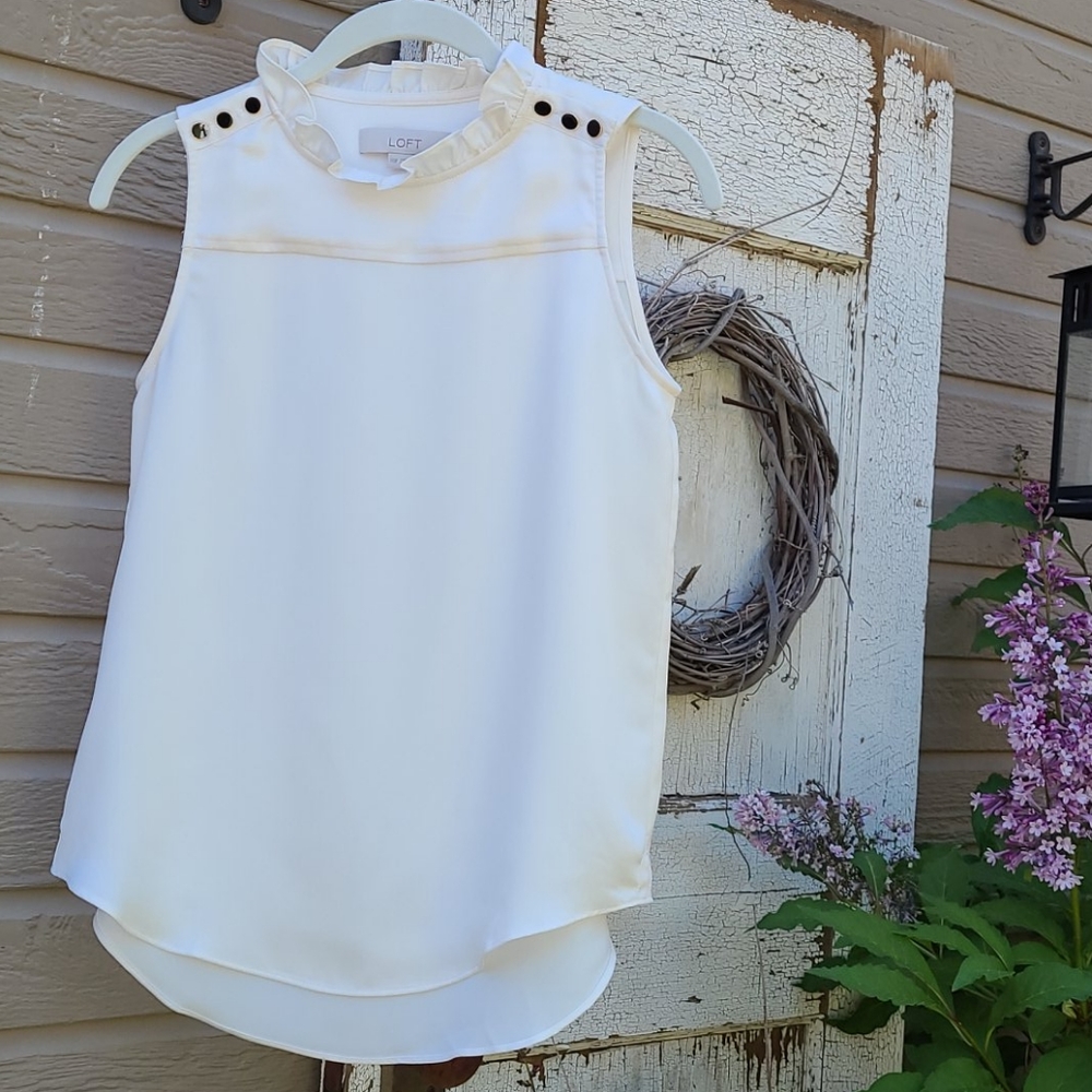 LOFT White Sleeveless Ruffle Neck Blouse